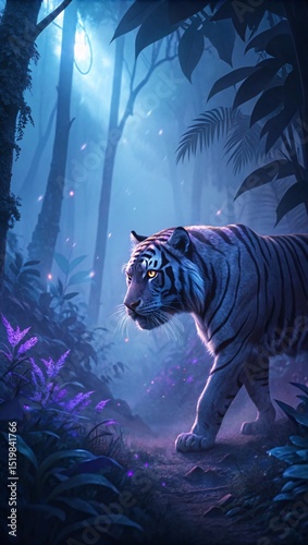 Tiger in Mystical Jungle Fantasy Wildlife Scene with Glowing Forest, Magical Atmosphere, and Enchanted Night Ambience