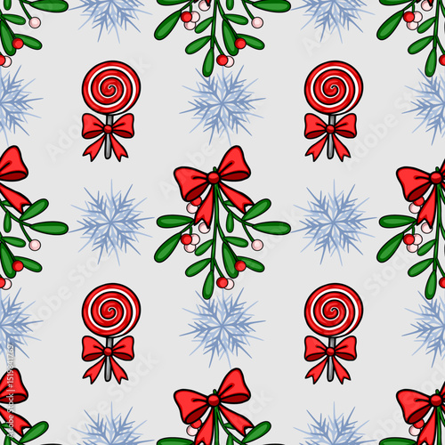 Seamless vector Christmas pattern with mistletoe, lollipops, and snowflakes in a festive red and blue palette, ideal for winter holiday designs.