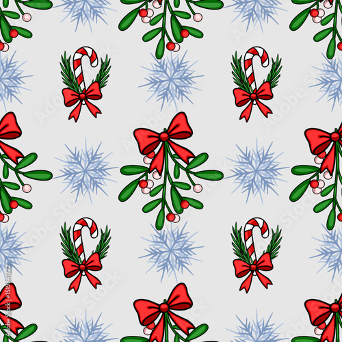 Seamless vector Christmas pattern featuring mistletoe sprigs adorned with red bows, candy canes with greenery, and delicate snowflakes on a light gray background, creating a festive and cheerful de...