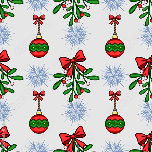 Seamless vector Christmas pattern featuring red and green baubles, mistletoe sprigs with red bows, and stylized snowflakes on a light gray background, perfect for festive designs.