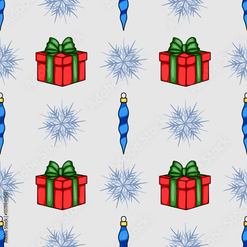 Seamless vector Christmas pattern featuring red gift boxes with green ribbons, blue icicle ornaments, and stylized snowflakes on a light gray background, perfect for festive designs.