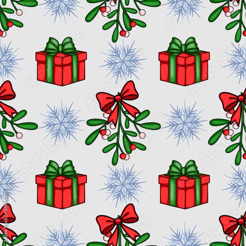 Seamless vector Christmas pattern featuring red gift boxes with green ribbons, mistletoe sprigs with red and white berries, and stylized snowflakes on a light gray background, creating a festive an...