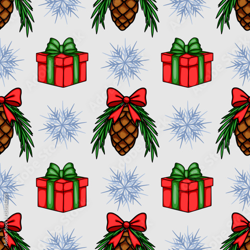 Seamless vector Christmas pattern featuring red gift boxes with green and red ribbons, pine cones adorned with bows, and stylized snowflakes on a light gray background, creating a festive and cheer...