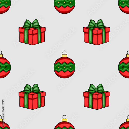 Seamless vector Christmas pattern featuring stylized red gift boxes with green bows and red and green Christmas baubles, creating a festive and playful holiday design.