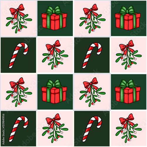 Seamless vector Christmas pattern with mistletoe, gift boxes, and candy canes in a repeating tile design, featuring a unique blend of red, green, and pink hues.