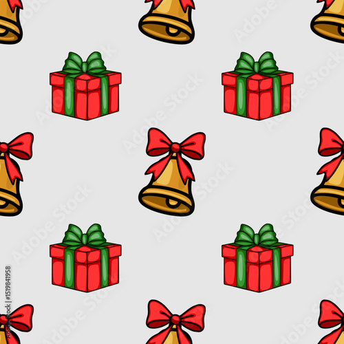 Seamless vector Christmas pattern featuring charming hand-drawn illustrations of golden bells with red bows and red gift boxes with green ribbons, creating a festive and joyful holiday design.