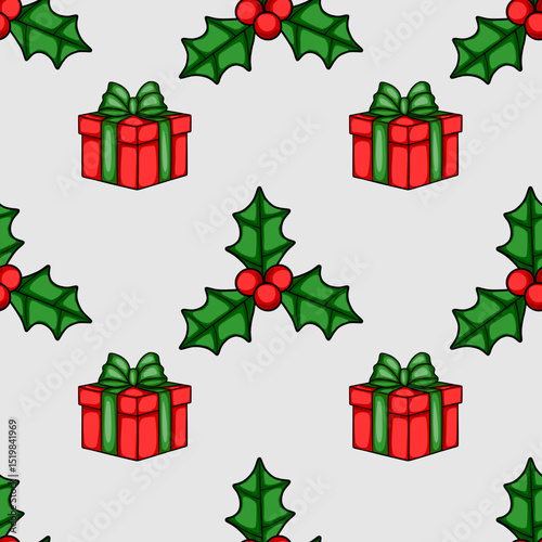 Seamless vector Christmas pattern featuring hand-drawn style red gift boxes with green bows and holly berries on a light gray background, perfect for festive wrapping paper or holiday designs.