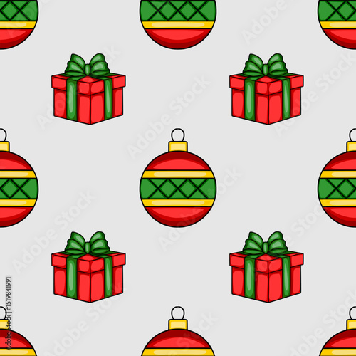 Seamless vector Christmas pattern featuring red and green presents with bows and decorative baubles, ideal for festive backgrounds and wrapping paper designs.