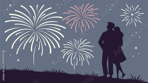 Silhouette of couple watching fireworks display in the night sky with stars and grass field below them