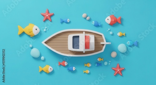 Colorful boat surrounded by playful fish and starfish, floating on a vibrant blue sea, evoking a joyful summer mood and a sense of adventure on the water
