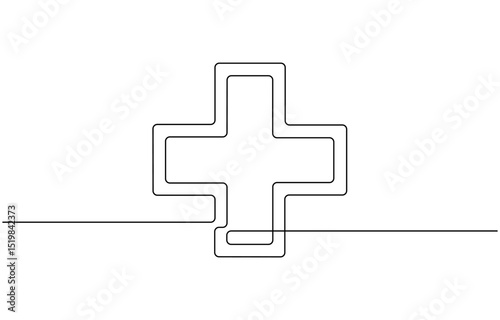Medical cross one continuous line drawing. One line icon. Medical help sign icon, Heart with Heartbeat Sign and with Cross continuous one line drawing, Continuous line drawing of medical cross .