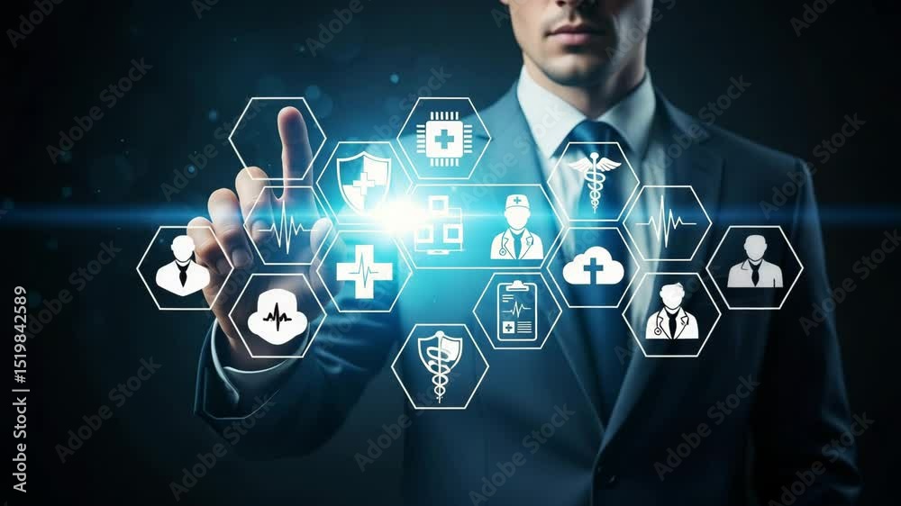 Man in suit interacting with medical icons on a digital interface with a dark blue background