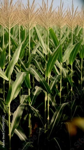 Close-up of a mature corn cob still on the stalk with green leaves. Yellow ripe kernels ready for harvest on an organic farm in a rural area.
