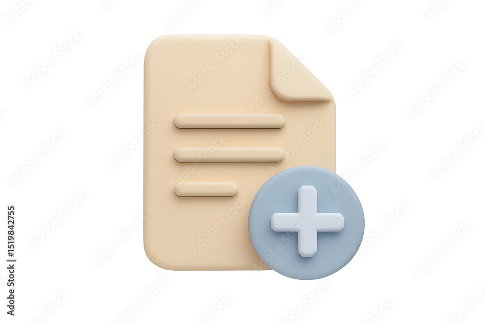 Fototapeta premium 3D render of a beige document icon with a blue plus sign, symbolizing adding new content or files