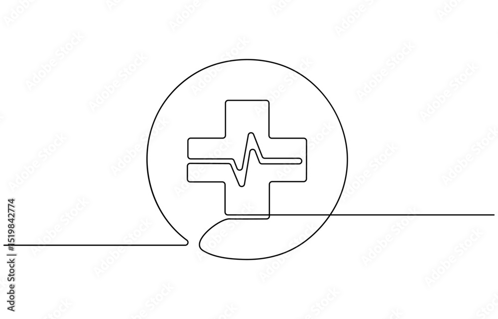 Obraz premium Medical cross one continuous line drawing. One line icon. Medical help sign icon, Heart with Heartbeat Sign and with Cross continuous one line drawing, Continuous line drawing of medical cross .