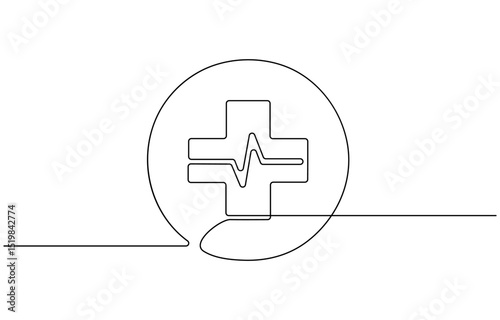 Medical cross one continuous line drawing. One line icon. Medical help sign icon, Heart with Heartbeat Sign and with Cross continuous one line drawing, Continuous line drawing of medical cross .