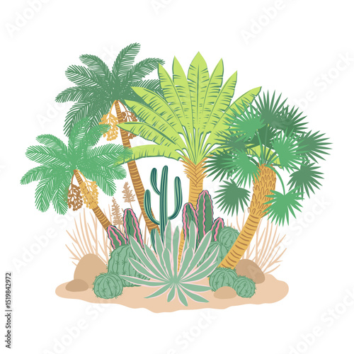 Oasis in the desert landscape. Summer background of designs palm tree, aloe, cacti, sun, mountains and desert landscape