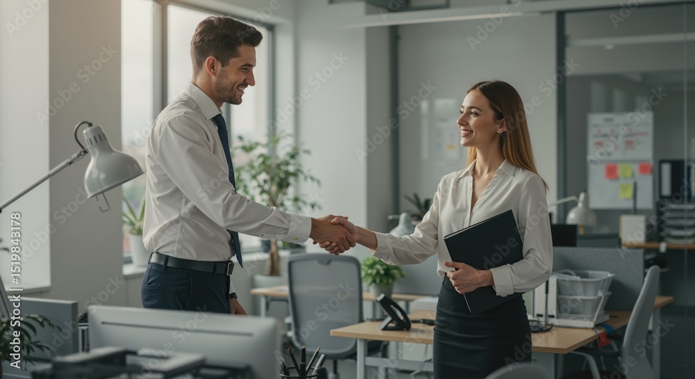 Obraz premium Business partners shaking hands in modern office setting 