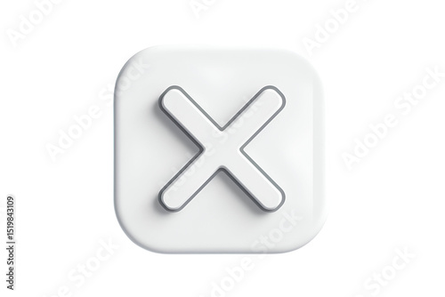 A 3D rendered white square button featuring a prominent 'X' symbol, indicating cancellation or rejection