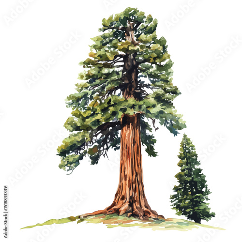A Sequoia Tree, watercolor vector, high quality, isolated on a white background.