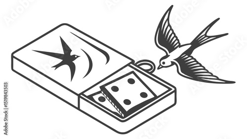 A matchbox with dominoes and a bird flying towards it, the matchbox has a bird design on the lid