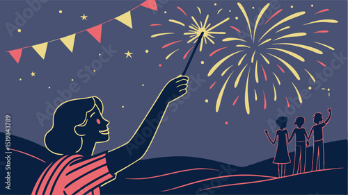A woman holding a sparkler with fireworks and people watching under a starry night with pennant banner