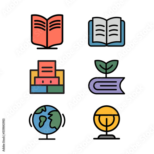 Flat Education Icons Set – Books, Globe, Growth and Learning Symbols Illustration