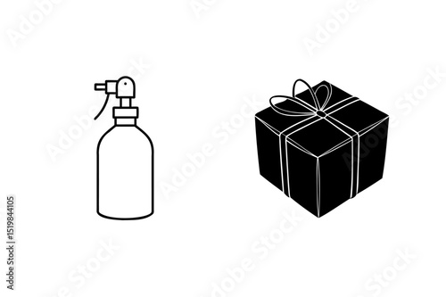 Vector illustration of a sprayer and a gift box in black and white design