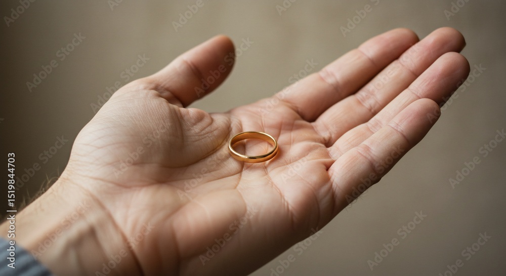 Golden ring rests on hand, symbolizing commitment, in warm, textured background Golden ring rests on hand, symbolizing commitment, in warm, textured background