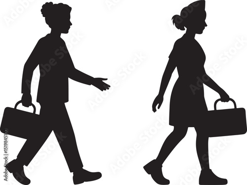 Silhouette illustration of two business professionals carrying briefcases and walking together