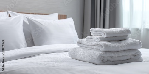 A High Resolution image of freshly laundered white linens neatly arranged on luxurious hotel bed. Soft fluffy duvet, pillowcases add to comfort. Clean white towels stacked attractively.