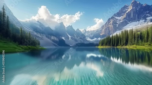 Serene lake with majestic mountain reflection and verdant forest scenery photo