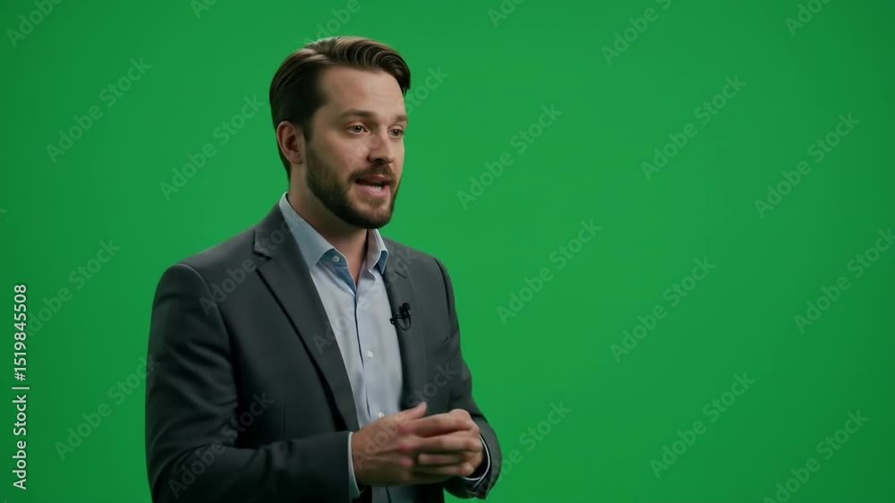 Business person speaking against solid green background for video production