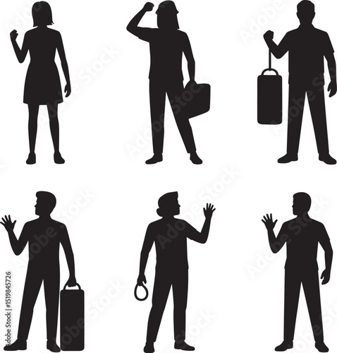 Silhouetted figures representing different people and professions on white background