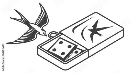 A graphic illustration of a bird flying near a matchbox with dominoes inside on a white background
