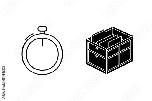 Time and organization concept represented with a stopwatch and a file cabinet in monochrome style