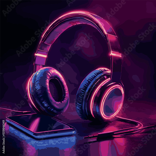 bright image of colored headphones with smartphone, vector,color graphics
