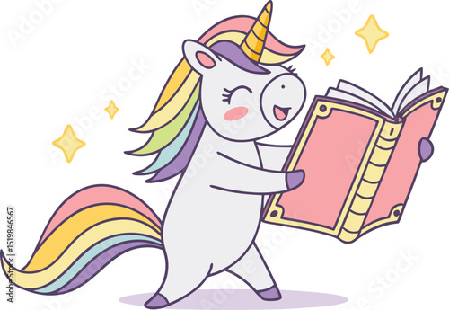Colorful cartoon vector of a unicorn reading a magical book with sparkles around, ideal for children’s storybooks, fantasy art, and educational illustrations