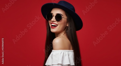 Stylish Woman in Hat and Sunglasses, Red Background