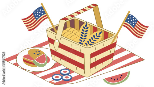 A picnic scene with american flags, a basket, food, and a red and white striped blanket spread out