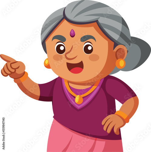 Cartoon woman with gray hair pointing to the left side view