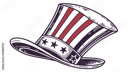 A patriotic top hat with red and white stripes and stars on the brim isolated on a white background