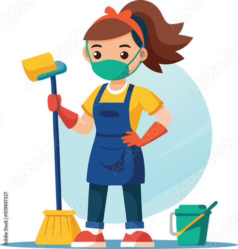 Cartoon woman with mask and cleaning equipment illustration