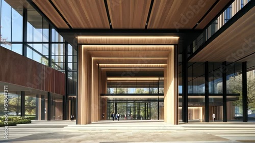 Modern office building entrance with a wooden canopy.  A spacious lobby design with natural light
