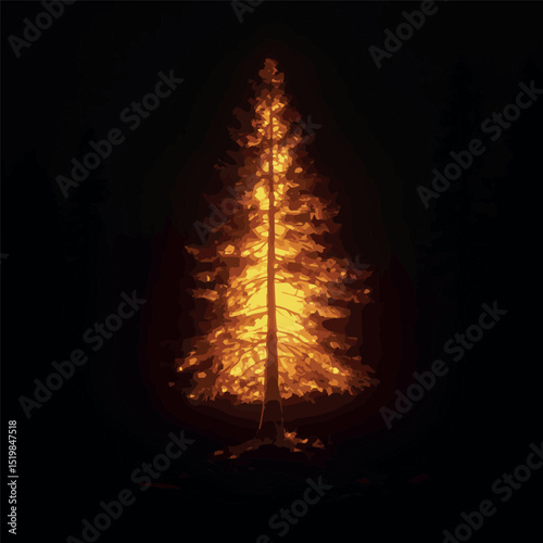 image of a beautiful fire tree in the dark, vector, color graphics
