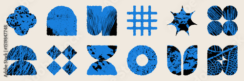 Set of graphic geometric assets with grid, pattern and elements. Vector modern shapes in retro aesthetic. Isolated illustration for stickers, poster, collage, design template