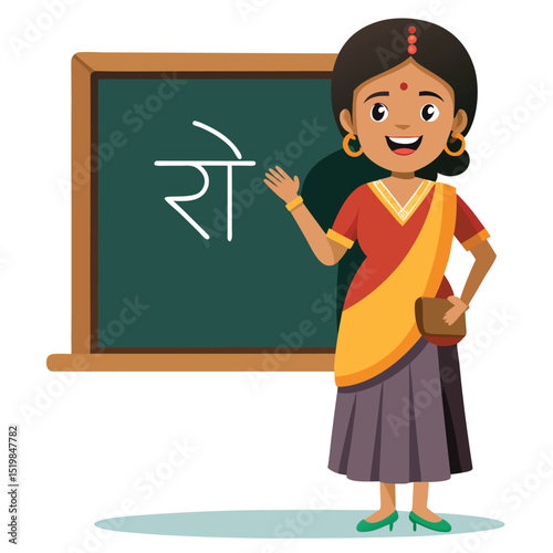 Teacher explaining hindi alphabet on the blackboard vector