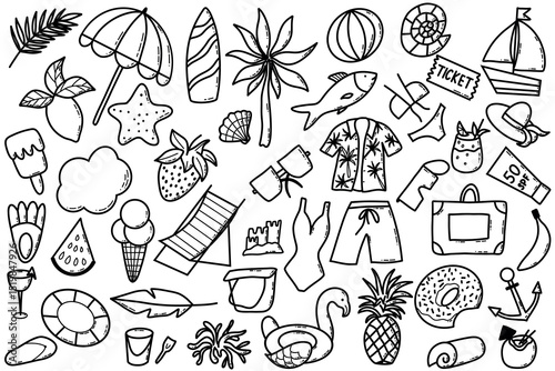 Collection of Hand-Drawn Summer Doodle Illustrations Featuring Vacation Themes. Hand-drawn doodle designs perfect for illustrating summer and travel themes. Includes beach, holiday, and tropical 
