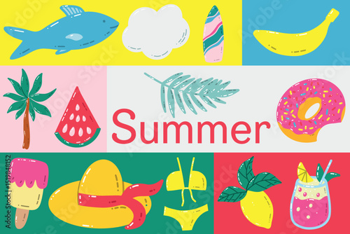 Bright Summer Banner Featuring Beach and Seasonal Fun Illustrations.. A vibrant collection of illustrated summer-themed elements like sunshine, fruits, and holiday items. Celebrates the energy and joy