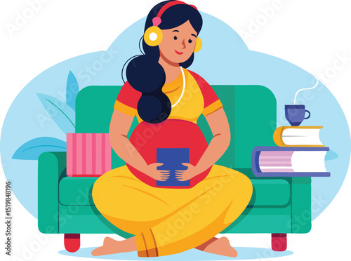 Pregnant woman relaxing on couch with book and headphones